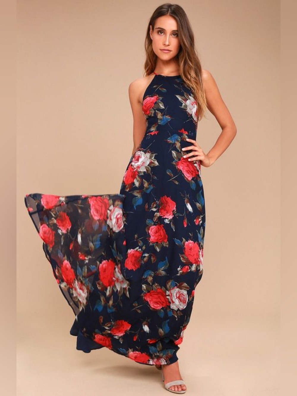 ❤️ LULUs Debut Navy Blue Maxi Halter Dress. Laced Back. Floral. Size SMALL